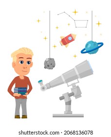 Boy studying astronomy. Kid with telescope and star models