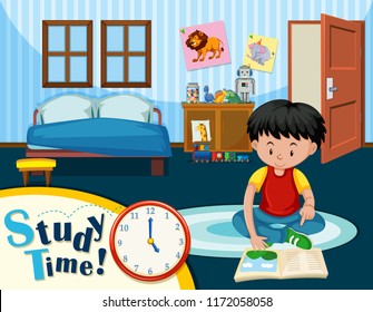 A boy studying in bedroom illustration