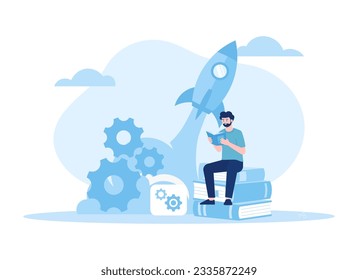 A boy studying a book about rockets trending concept flat illustration