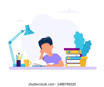 Boy studying with a book. Concept illustration for education. Vector illustration in flat style