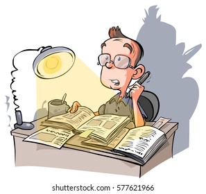 Boy studying the books. Cartoon vector illustration on separated layers.