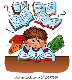 Boy is studying with a lot of books. Colored vector for card or gift.