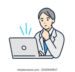 Boy studying by himself in his room with laptop. Vector illustration of a high school boy.