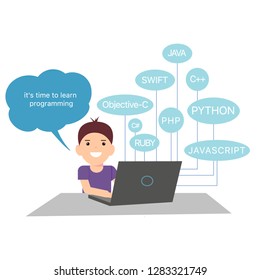 Boy studying coding on a laptop. From the laptop abstract shows the names of programming languages ​​and the inscription It's time to learn programming. Vector graphics