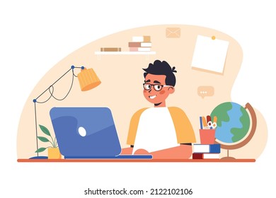 Boy studying with computer and books or doing homework. Online education or learning concept. Children using PCs and laptops at home. Distance learning. Back to school, flat style vector illustration