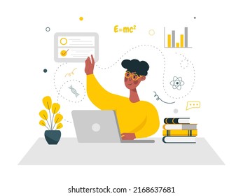 Boy studying with computer, home office, online studying. On white background. Online education. Cute flat style concept vector illustration