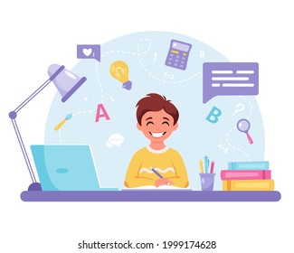 Boy Studying With Computer. Online Learning, Back To School Concept. Vector Illustration