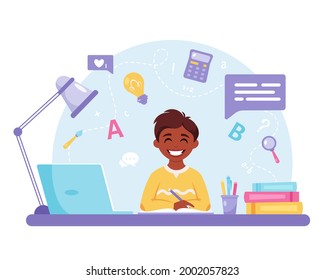 Boy studying with computer. Online learning, back to school concept. Vector illustration