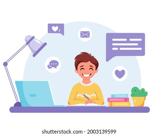 Boy studying with computer. Online learning, back to school concept. Vector illustration