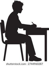 Boy studying at desk, classroom silhouette, writing exam paper