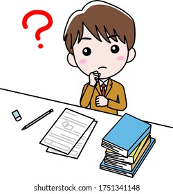 Un niño que estudia en un escritorio está inclinándose la cabeza por un problema desconocido.