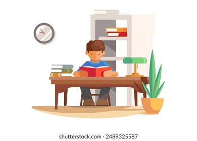 Boy Studying at Desk. Vector illustration of boy reading book at desk in study room.