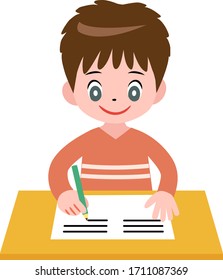 Boy studying and doing school homework holding pencil