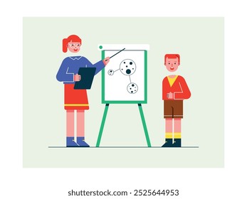 Boy is studying with female teacher wearing glasses, homeschooling activities. Design character. Vector flat illustration