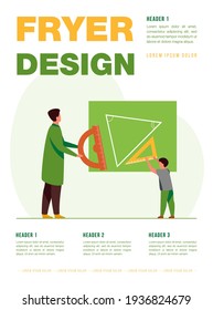 Boy studying geometry. Pupil with ruler and teacher with angle protractor measuring triangle on board. Flat vector illustration. Education concept for banner, website design or landing web page