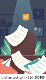 Boy studying hard at night with a clock and books in the background, vector illustration
