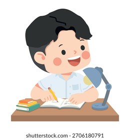 Un niño que estudia en su escritorio con enfoque y energía tranquila sobre un fondo limpio, perfecto para la educación, los materiales escolares, los conceptos de aprendizaje y el contenido juvenil.