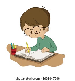 Boy Studying At His Desk. Isolated Vector