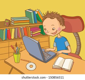 Boy studying in his room, library. School activities. Back to School isolated objects on white background. Great illustration for a school books and more. VECTOR.