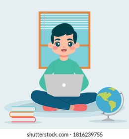 Niño estudiando en casa. Educación en el hogar - Vector