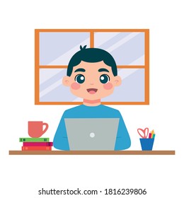 Niño estudiando en casa. Educación en el hogar - Vector