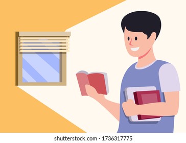 boy studying at home, student reading book and learning from home. cartoon flat illustration vector
