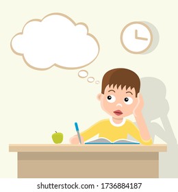 Boy studying from home and thought. Stay home. Stay positive and healthy. Isolation, quarantine of coronavirus.