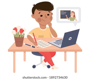 Boy Studying from home via Teleconference Using Computer, Homeschooling, Distance Learning Concept Cartoon Style Vector Illustration