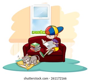 Boy studying inside the house with a sleeping cat on a white background 