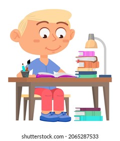 Boy studying. Kid sitting at desk. Homework concept