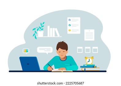 Boy studying with laptop and books. Back to school, home schooling, online education concept vector illustration in flat style.