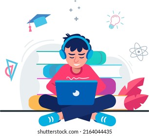 Un niño estudiando con la ilustración conceptual de la laptop