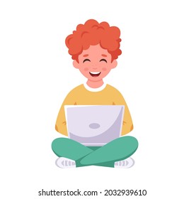 Niño estudiando con laptop. Aprendizaje en línea, de vuelta al concepto escolar. Ilustración del vector