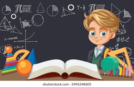 Boy studying math with educational tools and books