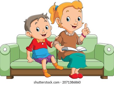 The boy is studying with the mother on the sofa of illustration