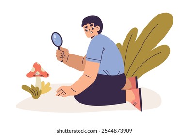 Boy Studying Mushroom Plant with Magnifier Exploring Nature Vector Illustration