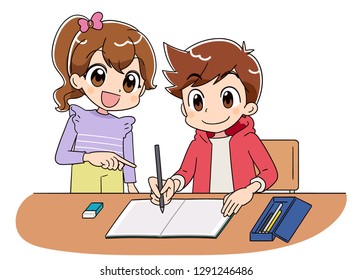 A boy is studying on his notebook. With a girl.