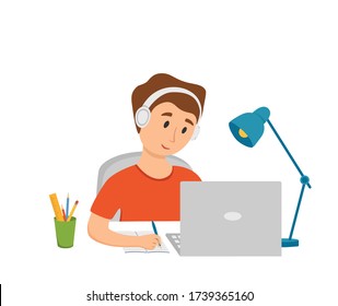 Boy studying online education at home cartoon vector illustration. Student at workplace desktop computer doing homework, surfing internet, e-learning, school lesson concept. Pupil kid learning process