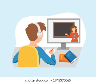 Boy studying online education at home cartoon vector illustration. Student at workplace desktop computer doing homework, surfing internet, e-learning, school lesson concept. Pupil kid learning process