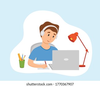 Boy studying online education at home cartoon vector illustration. Student at workplace desktop computer doing homework, surfing internet, e-learning, school lesson concept. Pupil kid learning process