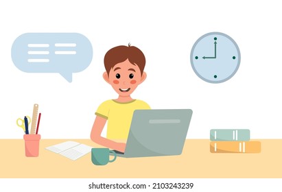 Boy studying online at home using his laptop and books. Concept distance education flat vector illustration