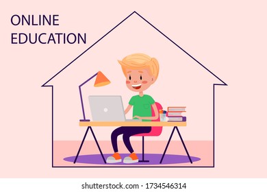 Boy is studying online with the laptop by the table at home. Vector flat illustration for websites on white isolated background. Quarantine stay home pandemic