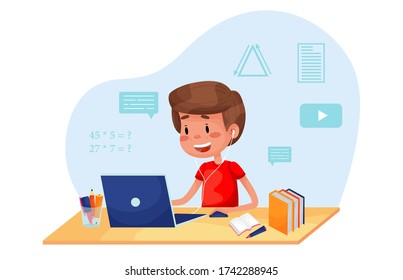 Boy is studying online with the laptop by the table at home. Vector flat illustration for websites on white isolated background. Quarantine stay home pandemic