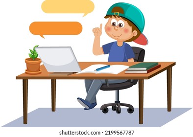 A boy studying online with tablet illustration