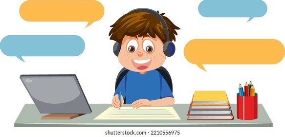 A boy studying online with tablet illustration