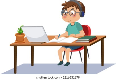 Un niño que estudia en línea con la ilustración de una tablet