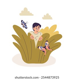 Boy Studying Plant and Insect Exploring Nature Vector Illustration