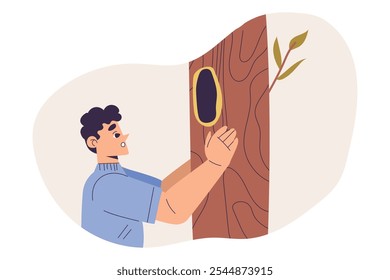 Boy Studying Plant Looking in Tree Hollow Exploring Nature Vector Illustration