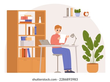 Boy studying process. School or college student doing homework, reading. Online training, young adult study with computer, snugly vector scene