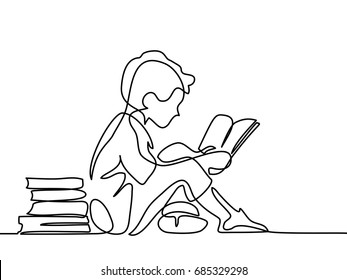 Boy studying with reading book. Back to school concept. Continuous line drawing. Vector illustration on white background